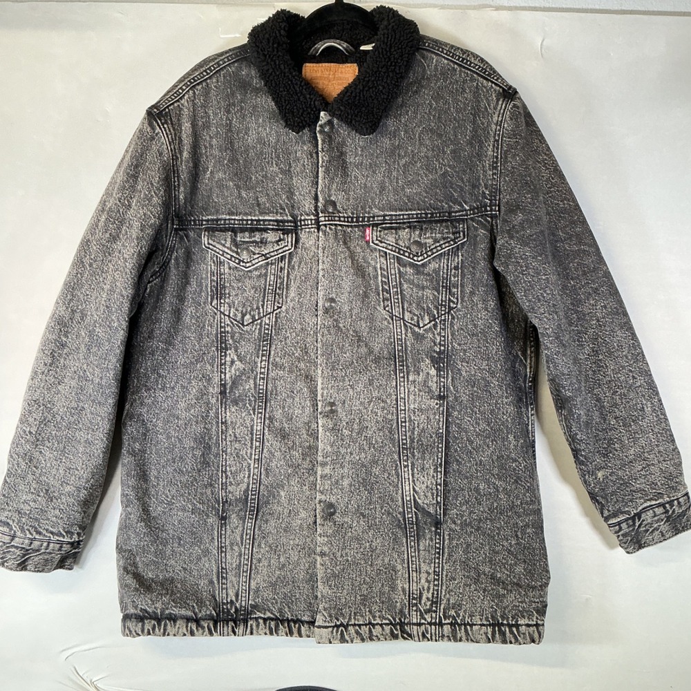 Levi's Premium Men's Sherpa Lined Black Acid Wash Denim Trucker Jacket L